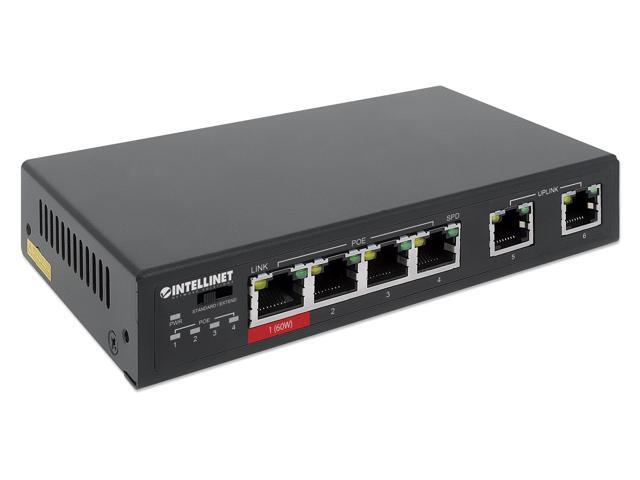 Intellinet 6-Port Fast Ethernet Switch with 4 PoE Ports (1 x High-Power PoE), One High-Power 60 W PSE PoE Port, Three IEEE 802.3at/af PSE PoE...