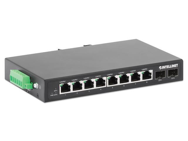 Intellinet Industrial 8-Port Gigabit Ethernet Switch with 2 SFP Ports, IP40-Rated Metal Housing, DIN-Rail Mount