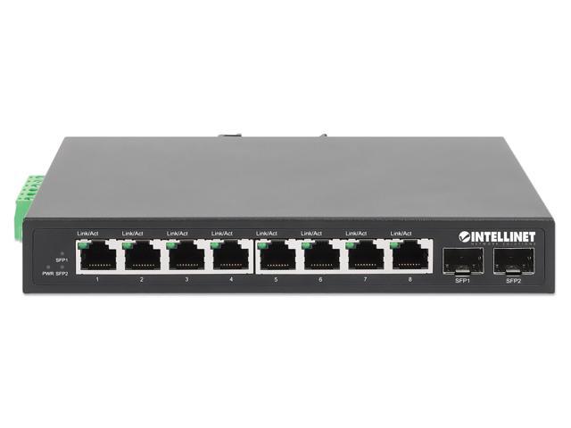 Intellinet Industrial 8-Port Gigabit Ethernet Switch with 2 SFP Ports, IP40-Rated Metal Housing, DIN-Rail Mount