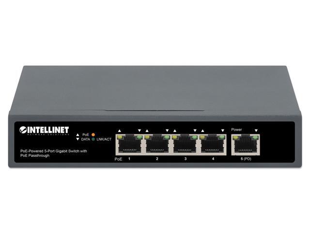Intellinet PoE-Powered 5-Port Gigabit Switch with PoE Passthrough, One IEEE 802.3bt (PoE++ / 4PPoE) PD PoE Port with 95 W Power Input, Four PSE PoE...