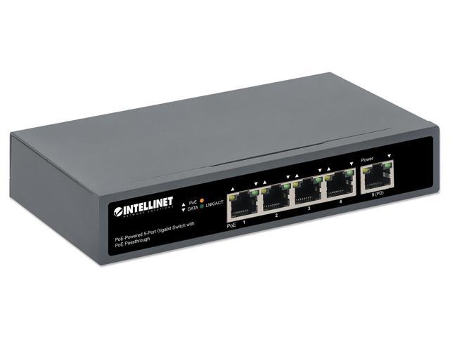 Intellinet PoE-Powered 5-Port Gigabit Switch with PoE Passthrough, One IEEE 802.3bt (PoE++ / 4PPoE) PD PoE Port with 95 W Power Input, Four PSE PoE...