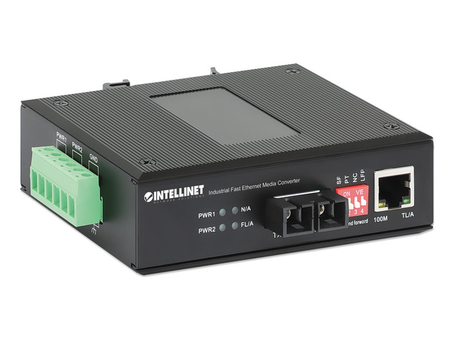 Intellinet Industrial Fast Ethernet Media Converter, 10/100Base-TX to 100Base-FX (SC) Multi-Mode, 2 km (1.24 mi.), Wavelength 1310 nm, IP40-rated...