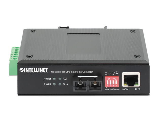 Intellinet Industrial Fast Ethernet Media Converter, 10/100Base-TX to 100Base-FX (SC) Multi-Mode, 2 km (1.24 mi.), Wavelength 1310 nm, IP40-rated...