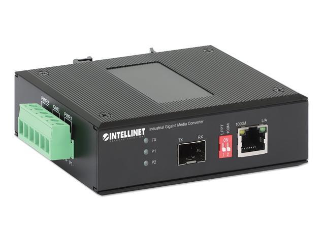 Intellinet Industrial Gigabit Media Converter, 10/100/1000Base-TX to SFP Slot, IP40-rated Metal Housing, DIN-rail Mount