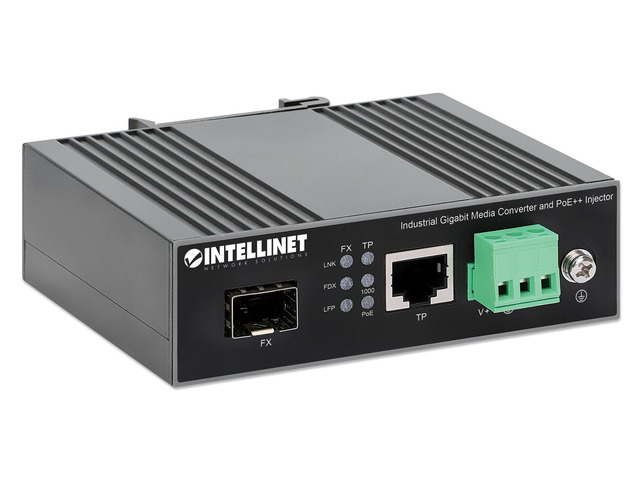 Intellinet Industrial Gigabit Media Converter and PoE++ Injector, 10/100/1000Base-TX to SFP Slot, PoE Injector Function, 90 W, IEEE 802.3bt (4PPoE)...