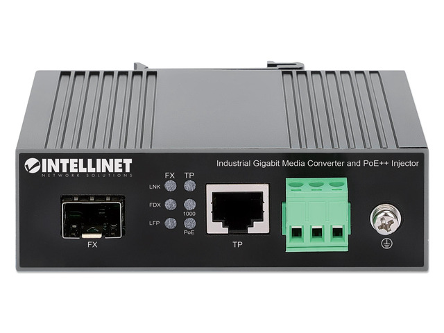 Intellinet Industrial Gigabit Media Converter and PoE++ Injector, 10/100/1000Base-TX to SFP Slot, PoE Injector Function, 90 W, IEEE 802.3bt (4PPoE)...