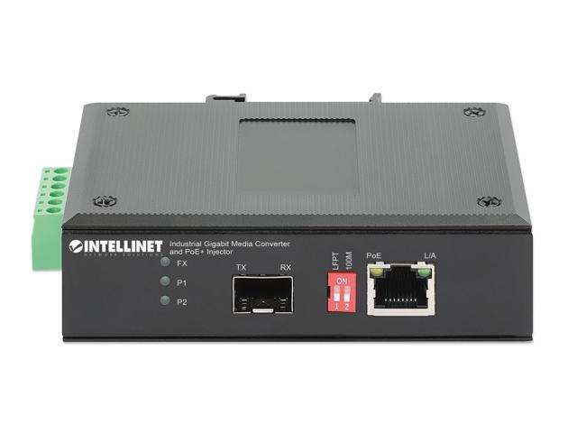 Intellinet Industrial Gigabit Media Converter and PoE+ Injector, 10/100/1000Base-TX to SFP Slot, PoE Injector Function, 30 W, IEEE 802.3at/af...