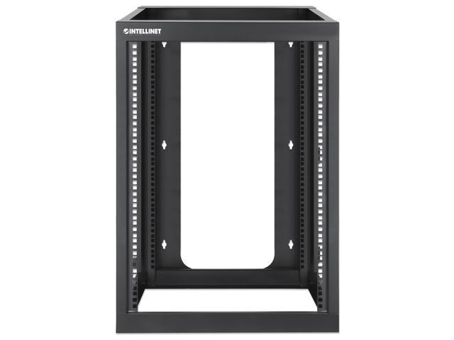 Intellinet 19' Wall Mount 4-Post Open Frame Network Rack, 15U, Hinged Swing Frame, 600 mm (23.8 in.) Depth, Assembled, Black RAL 9004