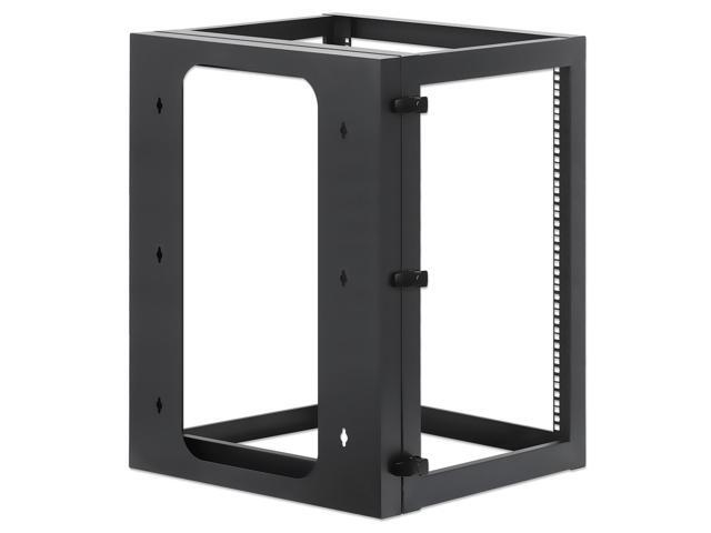 Intellinet 19' Wall Mount 4-Post Open Frame Network Rack, 15U, Hinged Swing Frame, 600 mm (23.8 in.) Depth, Assembled, Black RAL 9004