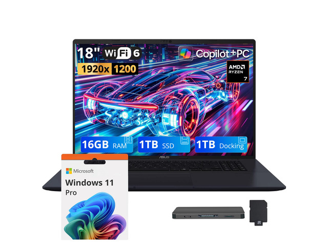 ASUS Vivobook 18 18' WUXGA 144Hz Business Laptop, AMD Ryzen 7 260, 16GB DDR5, 2TB Storage (1TB SSD+1TB Docking Station), AMD Radeon Graphics,...