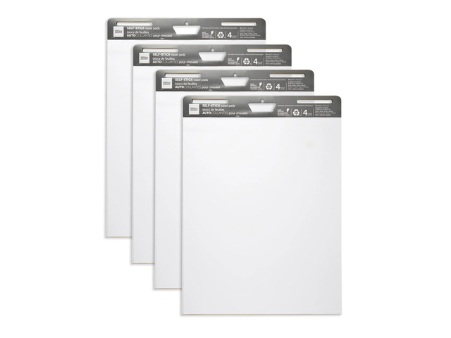 Office Depot Brand Self-Stick Easel Pads, 25' x 30', 30 Sheets, 80% Recycled, White, Pack Of 4 Pads