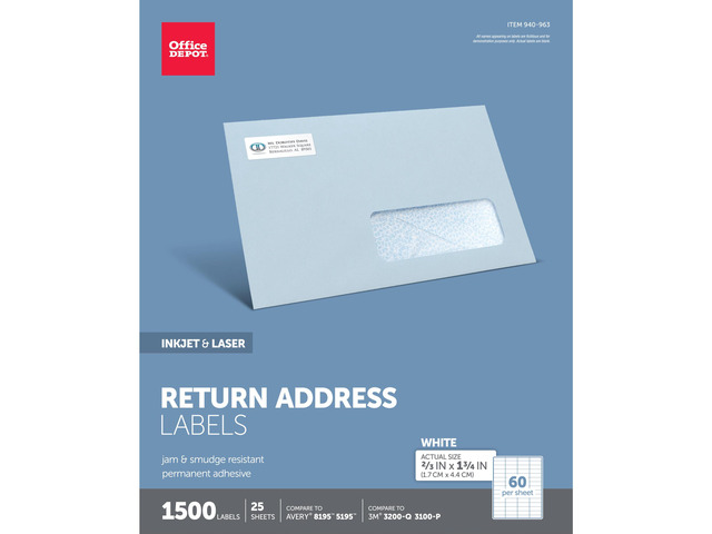 Office Depot White Inkjet/Laser Return Address Labels, 2/3in. x 1 3/4in., Pack Of 1,500, 505-O004-0015