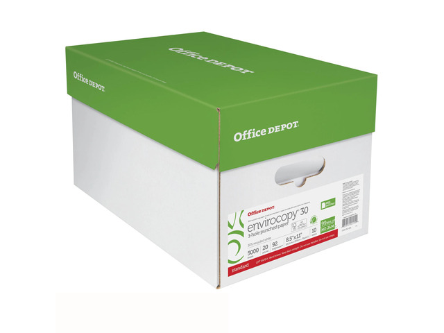 Office Depot EnviroCopy 3-Hole Punched Copy Paper, 10 Reams, White, Letter (8.5' x 11'), 5000 Sheets Per Case, 20 Lb, 30% Recycled, FSC Certified