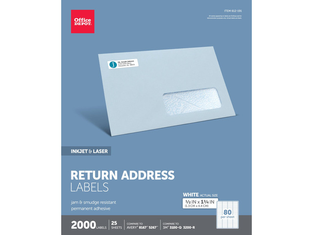 Office Depot White Inkjet/Laser Return Address Labels, 1/2in. x 1 3/4in., Pack Of 2,000, 505-O004-0001