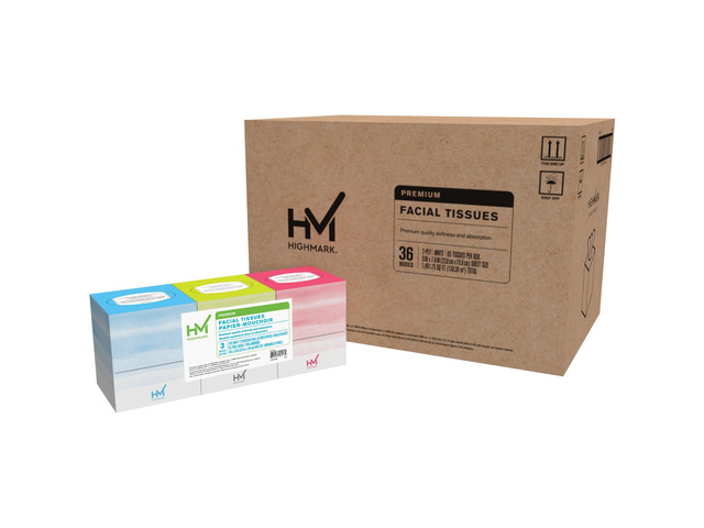 Highmark 2-Ply Facial Tissue, 85 Tissues Per Box, 12 Packs Of 3 Boxes, Case of 36 Boxes