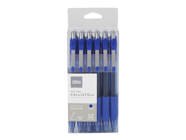 Office Depot Brand Callisto Retractable Gel Ink Pens, Fine Point, 0.5 mm, Transparent Blue Barrel, Blue Ink, Pack Of 12 Pens