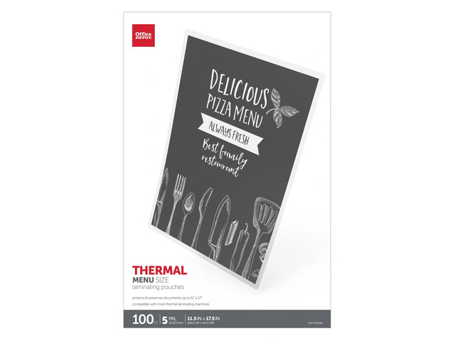 Office Depot Brand Laminating Pouches, Menu Size, 5 mil, 11-1/2' x 17-1/2', Pack Of 100 Pouches