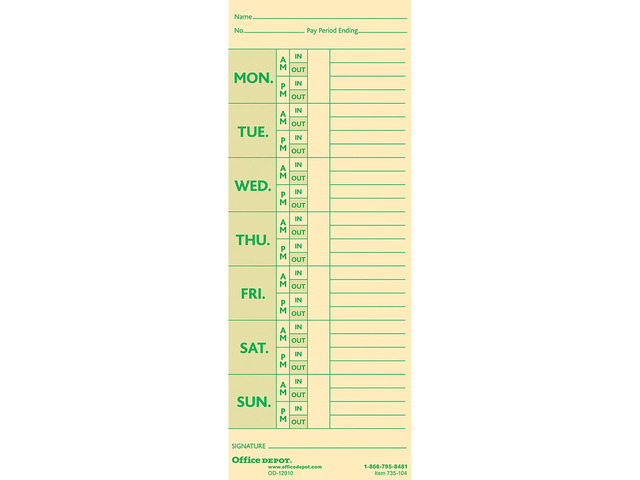 Office Depot Time Cards With Deductions, Weekly, Monday-Sunday Format, 2-Sided, 3 3/8in x 8 7/8in, Manila, pk Of 100, GB-735104