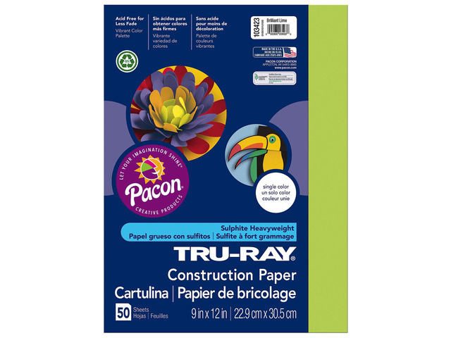 Tru-Ray Construction Paper, 50% Recycled, 9' x 12' Brilliant Lime, Pack Of 50