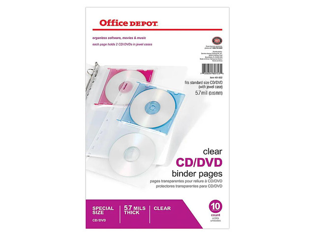 Office Depot CD/DVD Binder Pages, 6in. x 10 1/2in., Clear, Pack Of 10, 491802