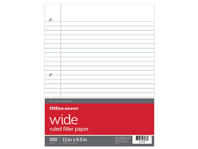 Office Depot Ruled Filler Paper, 3-Hole Punched, 16-Lb, Wide Ruled With Margin, 11in x 8 1/2in, 500 Sheets, 09228OD
