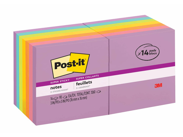 Post-it Super Sticky Notes, 3 x 3 in, 18 Sticky Note Pads, 90 Sheets/Pad, 2X the Sticking Power, School and Office Supplies, Assorted Colors