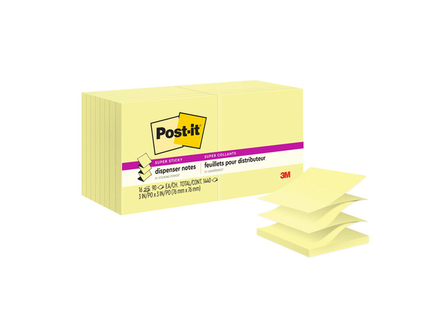 Post-it Super Sticky Pop Up Notes, 3 x 3in, 16 Sticky Note Pads, 100 Sheets/Pad, 2X the Sticking Power, School and Office Supplies, Canary Yellow