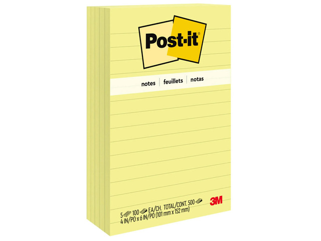 Post-it Notes, 4 x 6 in, 5 Lined Sticky Note Pads, 100 Sheets/Pad, School Supplies and Office Products, The Iconic Canary Yellow Note