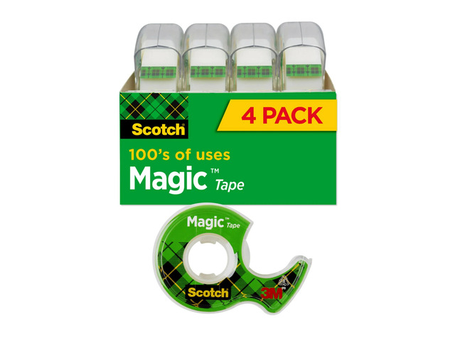 Scotch Magic Tape with Dispenser, Invisible, 3/4 in. x 300 in., 4 Tape Rolls, Back to School Supplies and College Essentials for Students