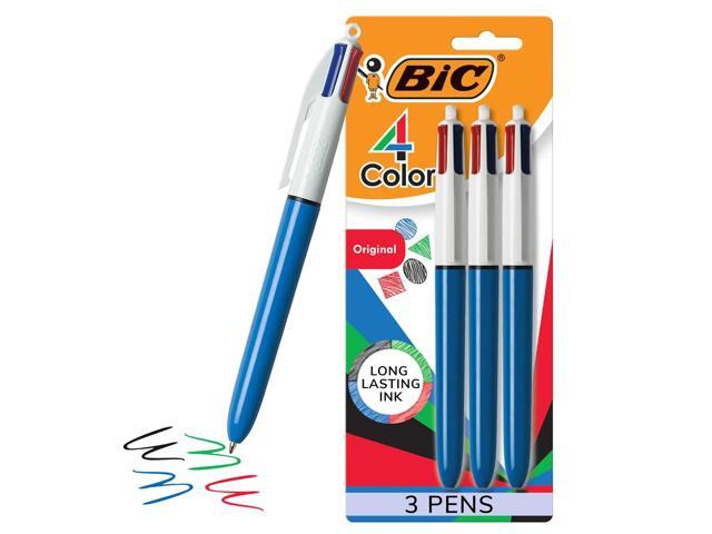 BIC 4 Color Retractable Ballpoint Pen, Medium Point, 1.0 mm, Blue Barrel, Assorted Ink Colors, Pack Of 3