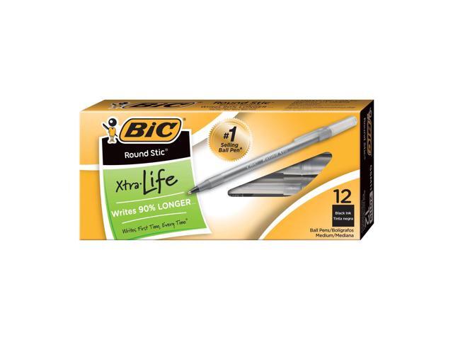 BIC Round Stic Ballpoint Pens, Medium Point, 1.0 mm, Translucent Barrel, Black Ink, Pack Of 12