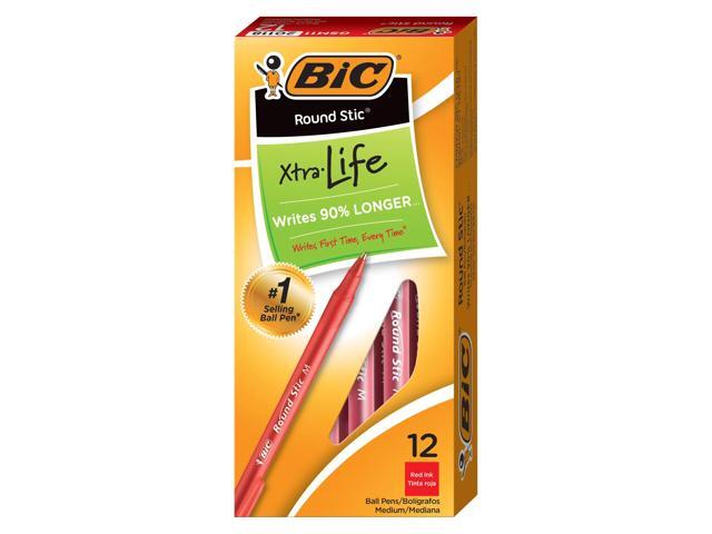 BIC Round Stic Ballpoint Pens, Medium Point, 1.0 mm, Translucent Barrel, Red Ink, Pack Of 12