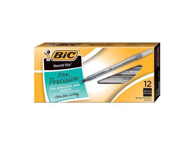 BIC Round Stic Ballpoint Pens, Fine Point, 0.8 mm, Translucent Barrel, Black Ink, Pack Of 12