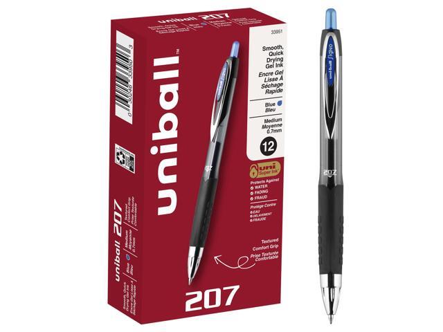 uni-ball(R) 207 Retractable Fraud Prevention Gel Pens, Medium Point, 0.7 mm, Black Barrels, Blue Ink, pk Of 12, 33951