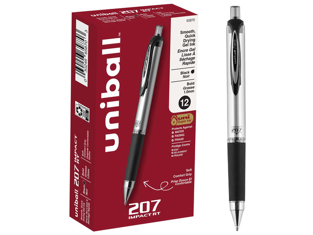 uni-ball RT Gel Pens, 207 Impact, Bold Point, 1.0 mm, Gray Barrel, Black Ink, Pack Of 12