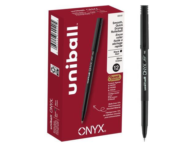 uni-ball Onyx Rollerball Pens, Micro Point, 0.5 mm, Black Barrel, Black Ink, Pack Of 12