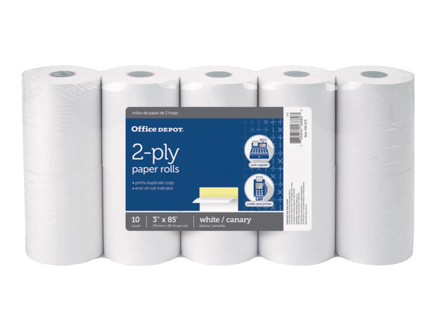 Office Depot 2-Ply Paper Rolls, 3in. x 85ft., Canary/White, Pack Of 10, 109275