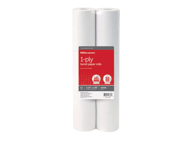 Office Depot Single-Ply Paper Rolls, 2 1/4in. x 130ft., White, Pack Of 12, 108862