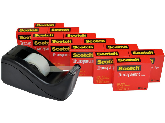 Scotch Transparent Tape with Dispenser, 3/4 in. x 1000 in., 12 Tape Rolls, 1 Tape Dispenser, Back to School Supplies and College Essentials