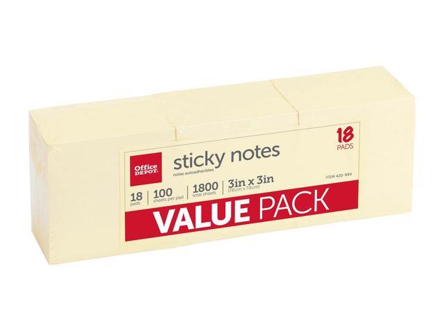 Office Depot Brand Self-Stick Notes, 3'''' x 3'''', Yellow, 100 Sheets Per Pad, Pack Of 18