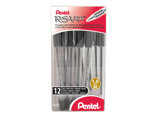 Pentel(R) R. S.V. P.(R) Ballpoint Pens, 1.0 mm, Medium Point, Clear Barrel, Black Ink, Pack Of 12, BK91-A