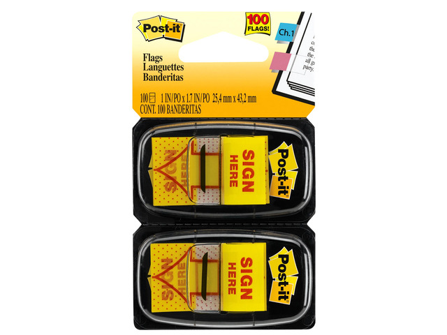Post-it Flags, 1 in. x 1.7 in., 2 Dispensers, 50 Flags/Dispenser, Yellow, Printed 'Sign Here', School Supplies for Students, Flags for Textbooks