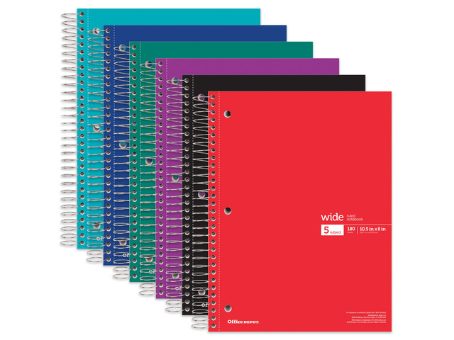 Office Depot Wirebound Notebooks, 8' x 10-1/2', 5 Subjects, Wide Ruled, 180 Sheets, Assorted Colors, Pack Of 6 Notebooks