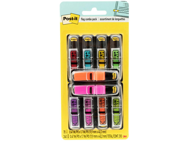 Post-it Signature and Highlight Flag Combo Pack, .5'x1.75', Assorted Colors, 1 Pack, 240 Flags/Pack, 70 Highlight Flags/Pack, Back to School Supplies
