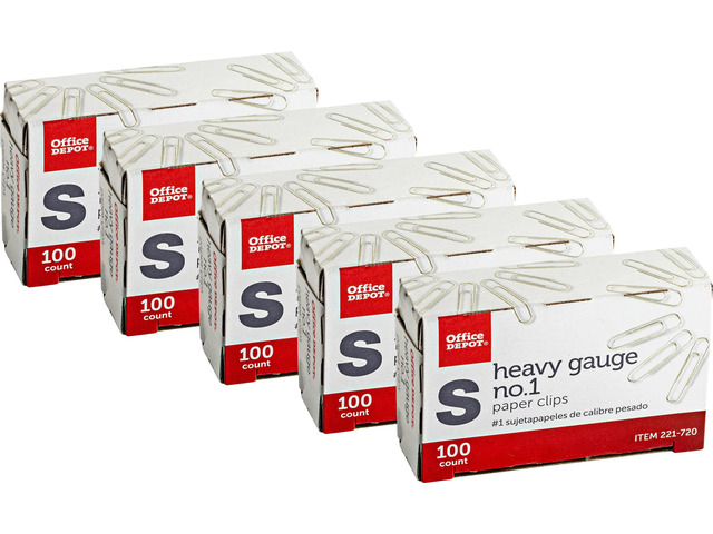 Office Depot Brand Paper Clips, No. 1, Silver, 100 Clips Per Box, Pack Of 5 Boxes