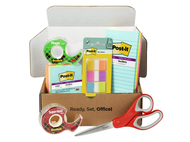 Post-it and Scotch Brand Essentials Pack, Super Sticky Notes, Super Hold Tape, Magic Tape, Flags, and Scissors, School Supplies and Office Products
