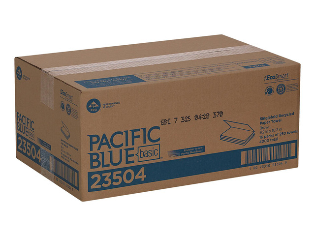 Pacific Blue Basic by GP PRO, 1-Ply, S-Fold Paper Towels, 9.25' X 9.9', 100% Recycled, Brown, 250 Sheets per Pack, 16 Packs Per Case