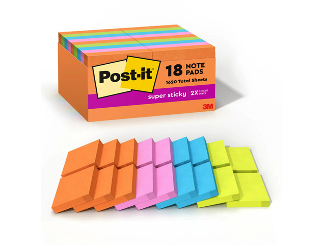Post-it Super Sticky Notes, 1.88 x 1.88 in, 18 Mini Sticky Note Pads, 90 Sheets/Pad, 2X the Sticking Power, School and Office Supplies, Energy Boost
