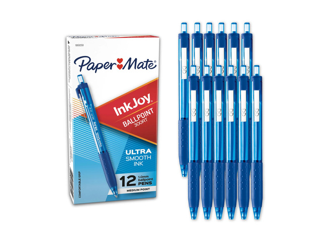 Paper Mate InkJoy 300 RT Retractable Pens, Medium Point, 1.0 mm, Translucent Blue Barrels, Blue Ink, Pack Of 12