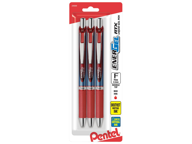 Pentel EnerGel RTX Retractable Liquid Gel Pens, Fine Point, 0.5mm, 54% Recycled, Assorted Barrel Colors, Red Ink, Pack Of 3 Pans